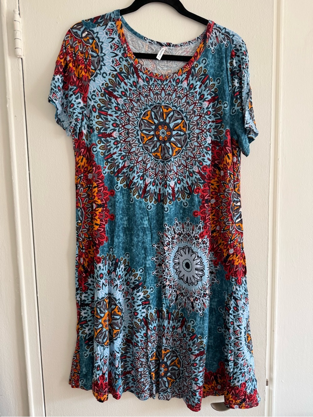 Popyoung Boho Medallion Print Short Sleeve Tunic Dress - Teal Multi